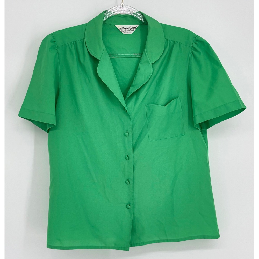 Ship n Shore Womens Green Silken Wonder Short Sleeve Button Up Blouse Top Sz M